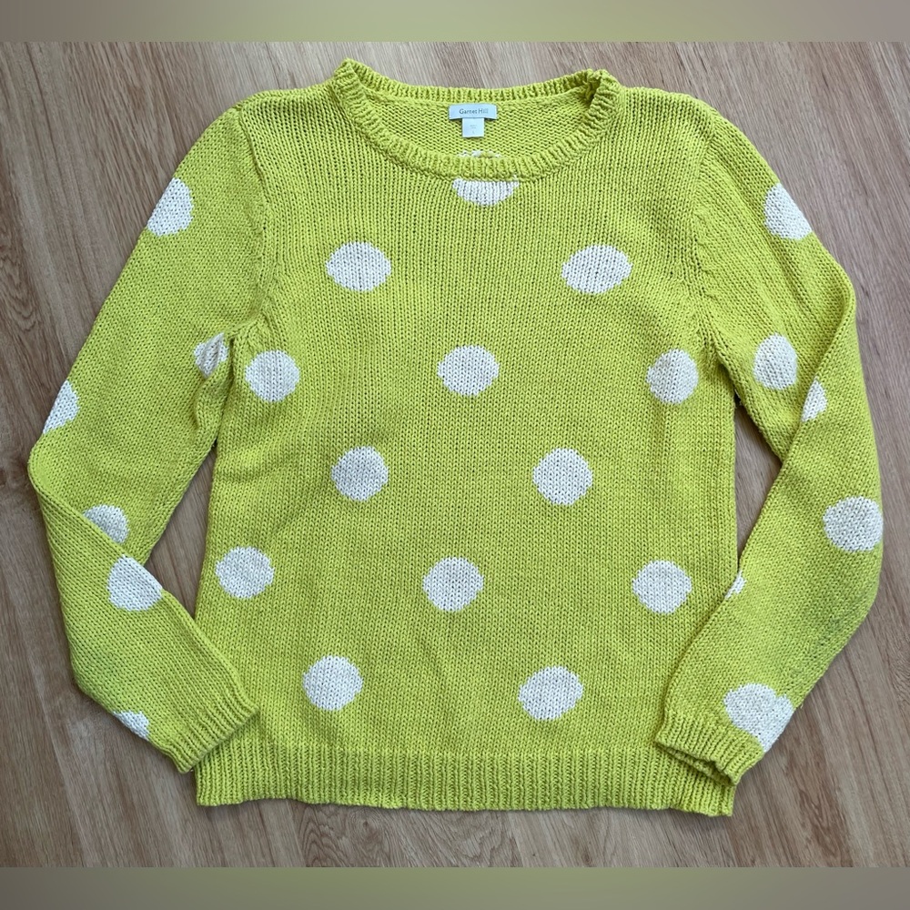 Garnet Hill Knit Sweater Women Large Lime Green Polka Dot Pullover Crewneck